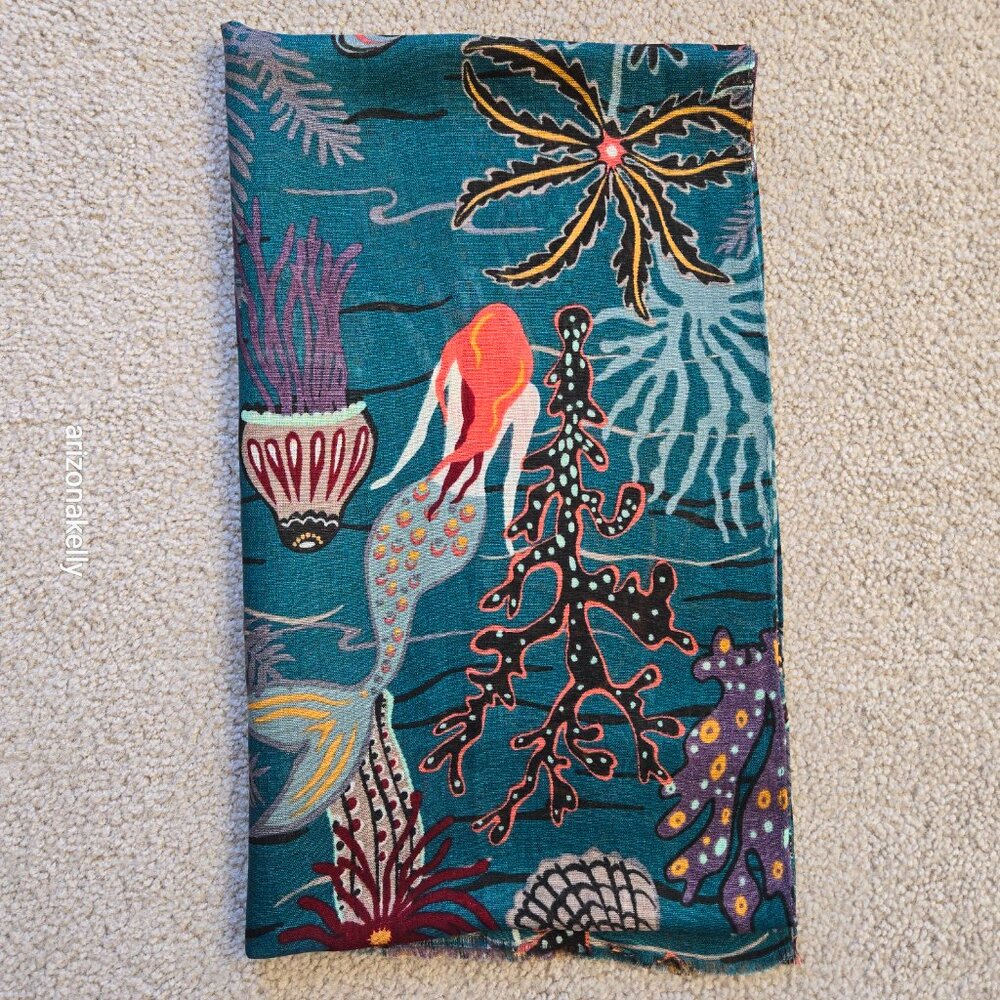 NWT Spartina 447 Linen Blend Scarf w/ Undersea Scene Mermaid Jellyfish, Seahorse - Picture 11 of 12